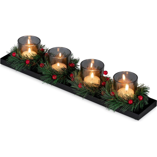 Sziqiqi Advent Wreath Oblong Metal Advent Plate: Black Advent Arrangement Tea Light Holder Christmas with Smoked Glass and Christmas Wreath Small Modern Advent Wreath Candle Holder for Table