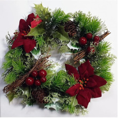 Small Plastic Holly Wreath With Red Poinsettia Flowers by Christmas Decorations