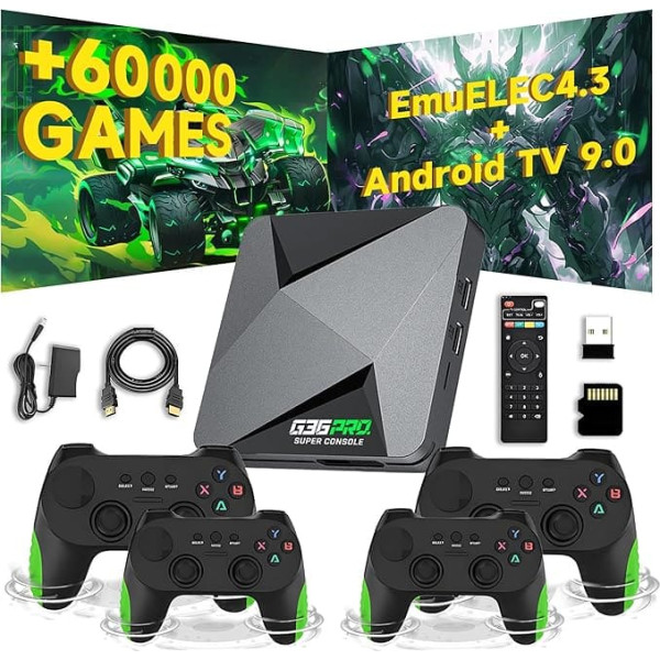 G36 Pro Retro Game Console, 60,000+ Games 50+ Emulators, EmuELEC 4.3 + Android 9.0 Dual System, 4K Game Stick with 4 Wireless Controllers, Plug & Play Retro Video Game Console for TV (128G)