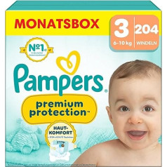 Pampers Baby Nappies Size 3 (6–10 kg) Premium Protection, Midi, Monthly Box, Best Comfort and Protection for Sensitive Skin, Pack of 204