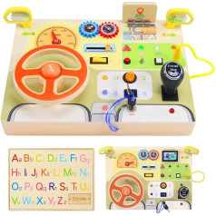 Baeroly Montessori Sensory Toy with Simulated Steering Wheel and LED Light Switches - Wooden Switch Board for Toddlers Busy Board - Ideal Travel Toy and Gift for Boys and Girls