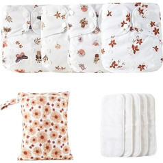 Reusable Baby Nappies, Reusable Nappies, Adjustable Reusable Baby Nappies, 4 x Absorbent and Breathable Lining, Waterproof Blanket with 4 Inserts and 1 Wet Bag