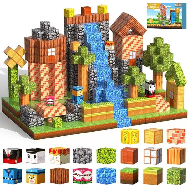 Pack of 136 Magnetic Building Blocks, Magnetic Blocks for Children from 3 4 5 6 7 8 9 Years, Creative Construction Toy with 2.5 cm Cubes Storable for Boys and Girls (Dungle Series)