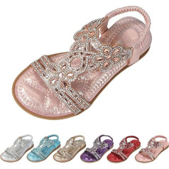 Sandals Children's Girls Glitter Beach Shoes Princess Shoes Flat Summer Shoes Glitter Shoes Boho Comfortable Sandals with Rhinestones Non-Slip Glitter Shoes for Girls Size 26-36, Gold6, 35 UK