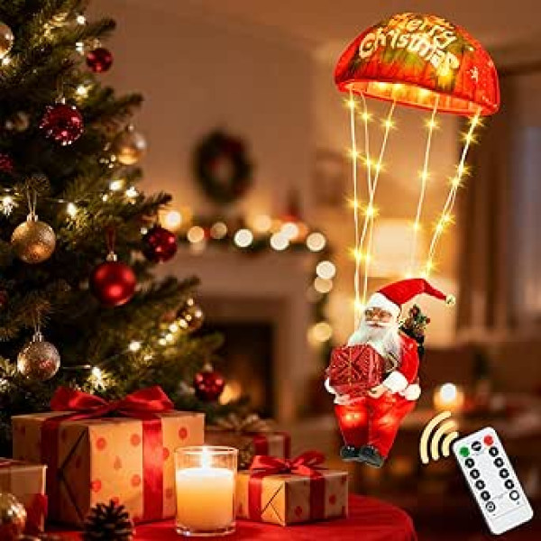 Weihnachtsmann Fallschirm Lichterkette, LED Hängende Weihnachtsbeleuchtung, Weihnachtsmann Beleuchtung mit Fernbedienung, 8 Modi + Timer + Speicherfunktion, für Fenster Außen Innen Deko