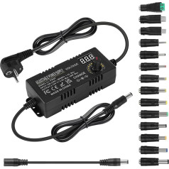 Universal Power Supply 3V-12V, 4.5A 54W Adjustable Power Supply 100V-240V AC to DC Power Adapter with LED Voltage Display and 14 Tips for Household Electronics, DC Motor, 4.5A Max