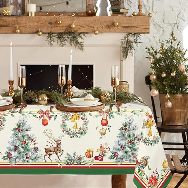Rectangle Christmas Tablecloth 60 x 84 Inch Christmas Tree Elk Holiday Decoration Table Cloth Polyester Waterproof and Wrinkle Resistant Durable Christmas Tablecloth for Kitchen Winter and