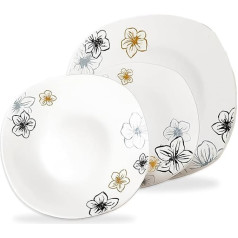Wintem 18 Piece Square Porcelain Plate Set - Narciso Floral Dinner Service - Modern White Plates for 6 People