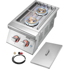 VEVOR Double Grill Side Burner, 2 x 17,000BTU Liquid Propane Side Burner for Outdoor Kitchen, Convertible to Natural Gas, 304 Stainless Steel Built-in Double Burner with LED for BBQ Grill Island