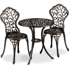 Relaxdays Balcony Furniture Set 3-Piece Balcony Table with 2 Chairs Decorated Aluminium Bistro Table H x D 65 x 60 cm Bronze
