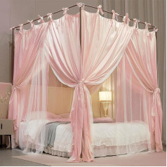 HUOQOU 4 Post Princess Bed Canopy - Double Layer Cosy Mesh & Fabric Mosquito Net for Girls' Room Decoration (Pink, 1.2 W x 2 L x 2.1 H)