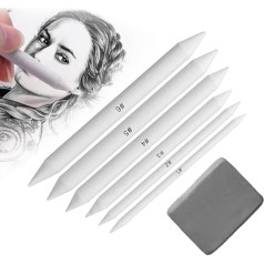 LJFEA 7-Piece Drawing Paper Wiper Pencil Set, Double Heads Paper Pen, White, Blending Stumps Kneading Rubber and Eraser, for Student Sketch, Drawing, Painting, Colour Transition