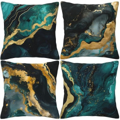 HOSTECCO Green Marble Cushion Cover, 45 x 45 cm, Set of 4, Abstract Green Gold Cushion Covers, Luxury Decorative Cushion Covers for Sofa, Couch, Living Room