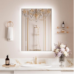 WEER LED Bathroom Mirror with Backlight Illuminated Wall Mirror with Silver Metal Frame, 50 x 70 cm Lighted Vanity Mirror, Anti-Fog, Continuously Dimmable, 3 Colours, IP44