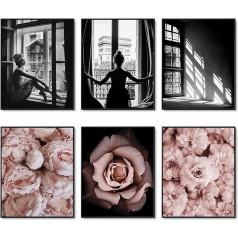 HoozGee Romantic Roses Fashionable Wall Art Prints Set Black White Pink Wall Art Canvas Picture Poster Prints Living Room Bedroom Home Decoration Wall Decor 11 x 14 Inches (27.9 x 35.6 cm) Unframed