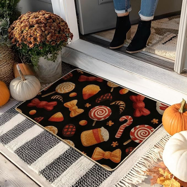 Festive Candy Fußmatte, schwarz, Halloween-Eingangsmatte mit bunten Leckereien für den Innen- und Außenbereich, rutschfeste, wasserdichte Fußmatten, leicht zu reinigen, 73,2 x 43,2 cm