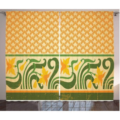 ABAKUHAUS Art Nouveau Rustic Curtain, Elaborate Daffodils, Living Room Universal Tape Curtains with Loops and Hooks, 280 x 175 cm, Orange Yellow-Green