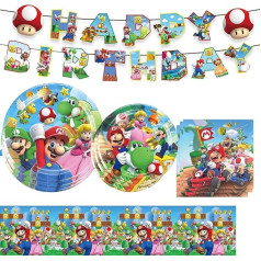 Classic Animation Paper Plates Children's Birthday, Gamefilm Party Tableware, 42-Piece Party Tableware Set for Birthday Decoration, 1 Tablecloth, 10 Plates 9 Inches, 10 Plates 7 Inches, 1 Banner, 20