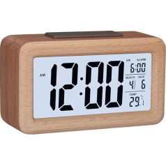 GINZER Wooden Digital Alarm Clock, Large LED Display, Wood Grain Smart Sensor Night Light, Snooze and Temperature, Battery Operated Cuboid Alarm Clock for Bedroom, Office