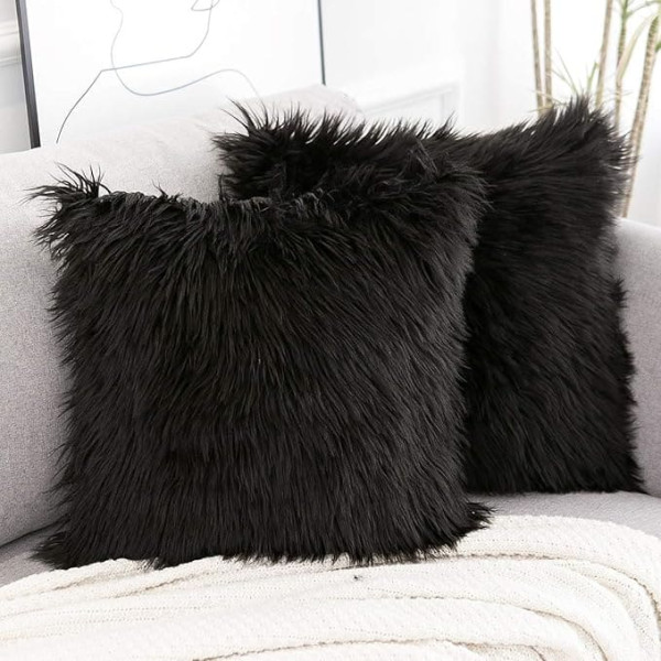 WLNUI Dekorative Kissenbezüge, Merino-Stil, Kunstfell, flauschig, quadratisch, 45,7 x 45,7 cm, Schwarz, 2 Stück