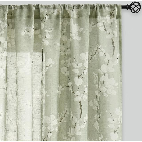 FMFUNCTEX Green Sheer Curtains for Living Room White Floral Print on Flax Linen Blend Window Curtains 63