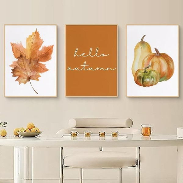 Viusneun Autumn Pictures Set of 3 Poster, Premium Canvas Pictures, Aesthetic Pumpkin Wall Pictures for Children's Room, Living Room, Bedroom, Without Frame, Wall Poster (50 x 70 cm)