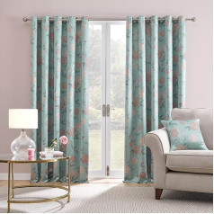 Dreams & Drapes Floral Curtains, 46 W x 72 L, 2 Panels, Eyelet Curtains for Bedroom Living Room, Vintage Traditional Style with Pink Flowers, Duck Egg Blue