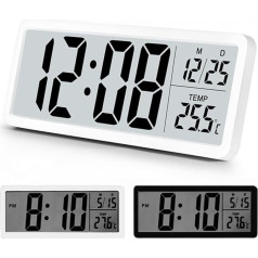 Digital Wall Clock Battery Operated 20cm Bedside Clocks Main Operation Temperature 12/24 Hours Silent Kids Clock for Bedroom Living Room Office Kitchen - White