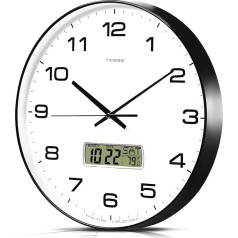 TIMESS Wall Clock 14 Inch Large Dial, Non Ticking, Quiet, Battery Operated, Analogue with LCD Display for Perpetual Calendar and F Temperature, Ideal Modern Decoration for Home, Bedroom