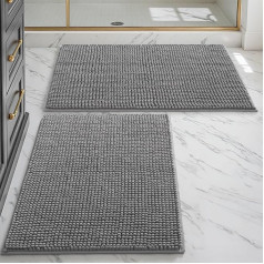 DEXI Bathroom Rug Set 60 x 90 cm, Pack of 2 Bath Mats Non-Slip Washable Bath Mat Chenille Absorbent Soft Bath Mats & Bath Rugs for Shower, Bathroom, Laundry Room, Grey