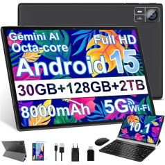 2026 Latest Android 15 Tablet 【30GB RAM + 128GB ROM + 2TB】【Gemini AI】10.1 inch, Widevine L1, Octa Core, 8000mAh, 8MP + 5MP, BT 5.0, GPS,GMS,Tablet with Mouse, Keyboard and Protective Case - Black