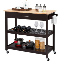 Yaheetech Serving Trolley with Drawer, Kitchen Trolley with 2 Shelves, Rolling Trolley, Kitchen Trolley with 4 Wheels, Kitchen Shelf, Movable Kitchen Islands, Side Table, 51 x 101.5 x 92 cm, Brown