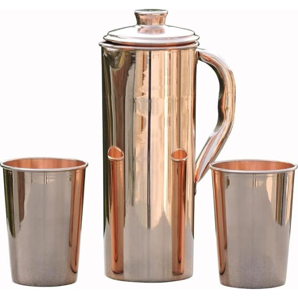 Pure Copper 1 Litre Jug with 2 Cups for Ayurveda Health Benefits 100ml