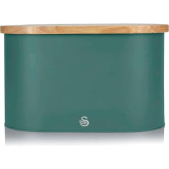 Swan Nordic Bread Bin, Bamboo Chopping Board Lid, Carbon Steel Bread Bin for Storing Bread and Viennese Baked Goods, Modern Design, Green, Steel, One Size