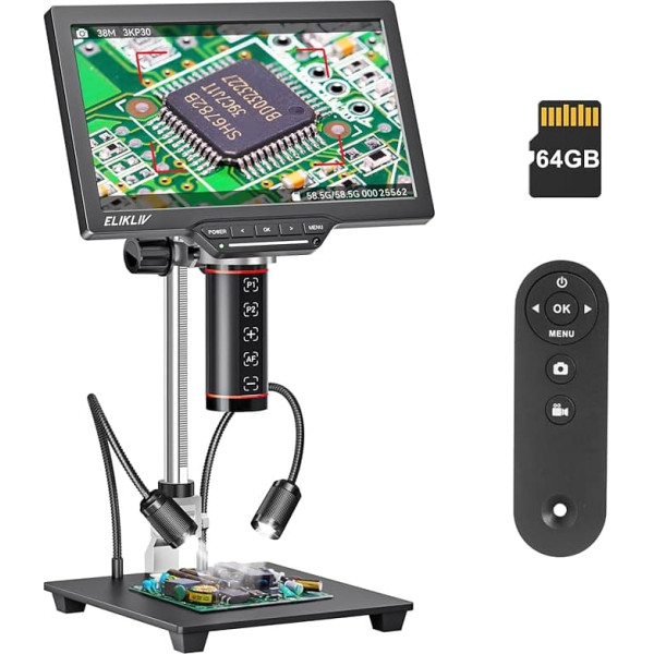 Elikliv EM3K-AF Max Autofocus Digital Microscope 2000X, 3K 10.1 Inch Coin Microscope for Total View, HDMI Microscope, Soldering Microscope for Electronic Repairs, 10-Inch Stand, 64 GB