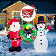 160 cm Inflatable Santa Claus and Snowman, Holds a Christmas Wreath with a Penguin, Integrated LED Lights, Indoor and Outdoor Decoration for Christmas Party, Garden