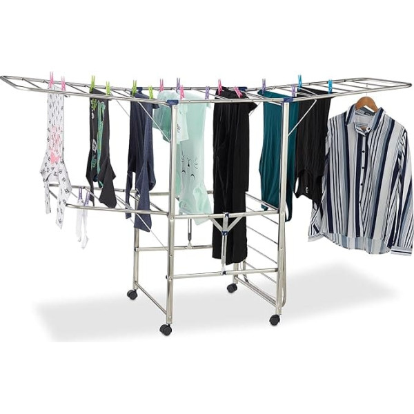 Relaxdays XXL Clothes Airer, Clothes Dryer, Tower Stand with Wings and Wheels, Foldable, HBT 111 x 185.5 x 53 cm, Silver