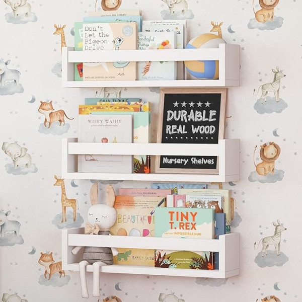 Nature Supplies , Set of 3 White Solid Wood Wall Shelves, Children's Room, Ideal for Books and Toys