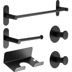 Mooche Black Bathroom Accessories Set of 5 Stick-On Toilet Paper Holder Self-Adhesive Towel Holder Hook Hair Dryer Holder for Bathroom Kitchen Stainless Steel No Drilling