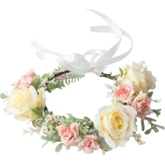 Geoyien Flower Wreath Hair, Flower Hair Wreath, Adjustable Flower Wreath Headband, Crown, Flower Garland, Flower Crown, Rose Petal Headband, Wedding, Boho Flower with Ribbon for Women and Girls, 1