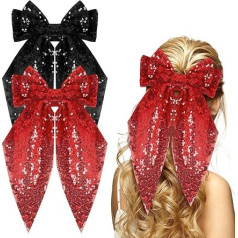 Kunyeah 2 x Girls' Glitter Bow Hair Clip Women Large Bow Hair Bun Glitter Bow Hair Clips Vintage French Hair Pin Long Lace Style Hair Accessories (Red/Black)