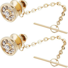WEBEEDY Pack of 2 Men's Crystal Tie Pins Round Tie Pins with Chain Tie Pin Clutch Tie Pin with Chain Crystal Badges Brooch Wedding Birthday Anniversary (Gold Tone)