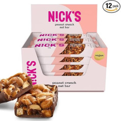 NICKS Keto Bar Peanut Crunch, Vegan Chocolate Peanut Nut Bar, 176 Calories, 3.7 Net Carbs, No Added Sugar, Gluten Free, Low Carb Sweets (12 x 40 g)