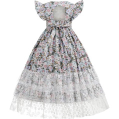 KOGWER Maxikleid für Mädchen, Sommer, Mädchen, Blumenmuster, Boho-Kleid, Teeparty, lang, Baumwolle, hohe niedrige Spitzenkleider