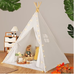 Wilwolfer Teepee Tent for Children 100% Cotton Children's Tent Indoor with Lights & Cuddly Mat & Carry Bag Play Tent for Girls & Boys Tippi Children's Tent Toy