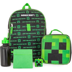 Bioworld Minecraft Crafting Alpha Creeper 5 Piece Backpack Set, Water Bottle, Lunch Box, Snack Bag, Green, Green