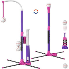 3 in 1 Baseball Set for Kids 3-5 - Tea Ball Stand, Hanging Tea, Ball Launcher and 6 Softballs - Adjustable Height, Indoor/Outdoor Sports, Gifts for Kids, Purple
