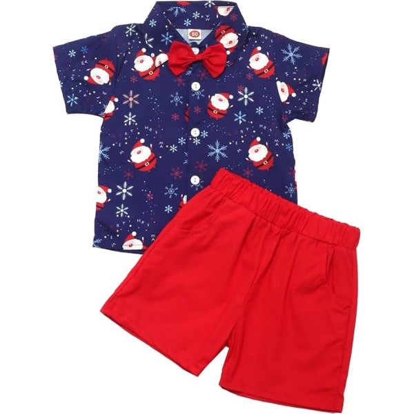 Kids Boys Xmas Clothes Set Baby Lapel Short Sleeve Santa Snowflake Printed Suit Solid Colour Shorts Christmas Gentleman Suit Toddler Cute Autumn Christmas Outfits A-234