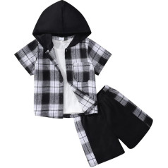 2025 Kleinkind Jungen Kleidung Feste Taste Hemd Hosen Set Casual Kinderkleidung Kariert Kurzarm Top Kurze T-shirt Langarmshirt Mit Hose Und MäDchen Outfits