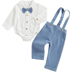 Toddler Boys Gentleman Suit 0-18 Months Long Sleeve Lapel Collar Button Down Romper Shirts with Bow Tie and Solid Color Suspender Pants 2 Piece Set Clothes